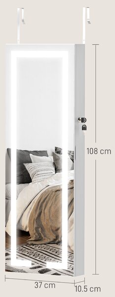 HOMCOM Fali vagy Ajtóra Asztali Ékszerszekrény, Belső Tükörrel és LED-del, 37 x 10,5 x 108 cm, Fehér