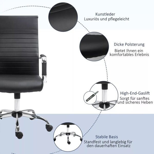 Vinsetto irodai szék, ergonomikus íróasztali szék hintafunkcióval, állítható magasságú forgószék, műbőrrel, fekete