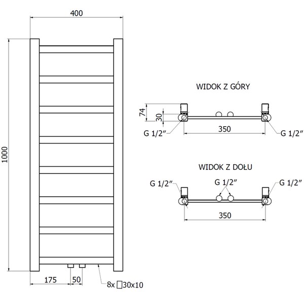 Mexen csavar, fűtőelem 1000 x 400 mm, 228 W, alul és középen, antracit, W126-1000-400-00-66