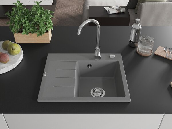 Mexen Ben, 1 kamrás gránit mosogató 600x500x190 mm, jobb + króm szifon, szürke, 6523605000-71