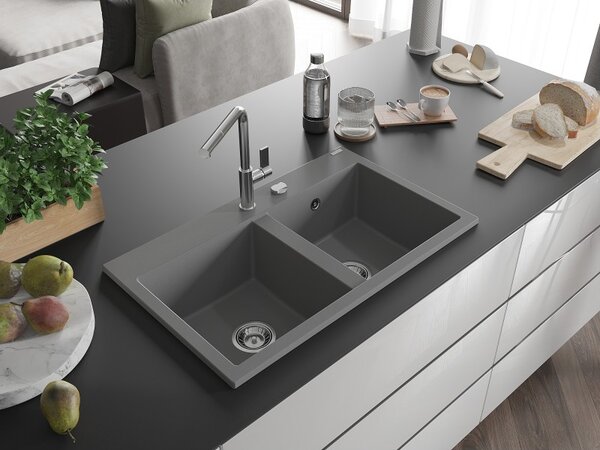 Mexen Hektor, 2 kamrás gránit mosogató 800x480x205 mm, szürke, króm szifon, 6521802000-71