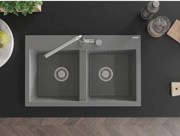 Mexen Hektor, 2 kamrás gránit mosogató 800x480x205 mm, szürke, króm szifon, 6521802000-71