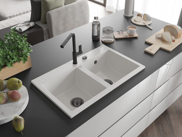 Mexen Hektor, 2 kamrás gránit mosogató 800x480x205 mm, fehér, grafit szifon, 6521802000-20-B