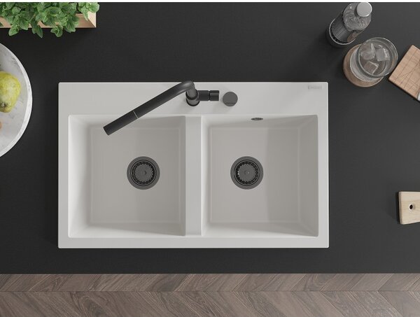 Mexen Hektor, 2 kamrás gránit mosogató 800x480x205 mm, fehér, grafit szifon, 6521802000-20-B