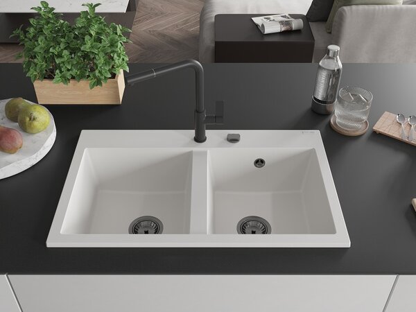 Mexen Hektor, 2 kamrás gránit mosogató 800x480x205 mm, fehér, grafit szifon, 6521802000-20-B