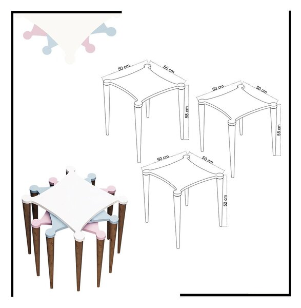 Hanah Home Fészekasztal (3 darabos) Fehér Rózsaszín Kék Walnut Tremo