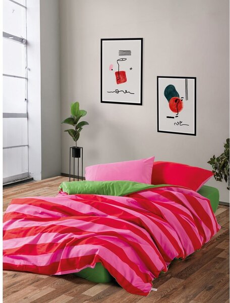 Zöld-rózsaszín négyrészes kétszemélyes hosszabbított renforcé pamut ágyneműhuzat lepedővel 200x220 cm Cherie – Mijolnir