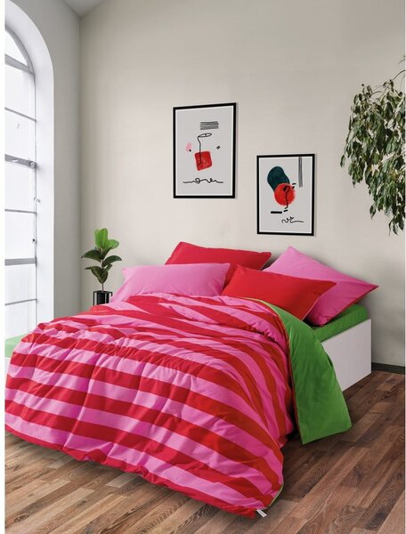 Zöld-rózsaszín négyrészes kétszemélyes hosszabbított renforcé pamut ágyneműhuzat lepedővel 200x220 cm Cherie – Mijolnir
