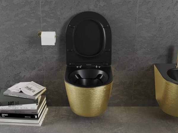 Mexen Lena, függő wc csésze 480x360x355 mm, lassan süllyedő ülőfelülettel, fekete matt - arany mintás, 30224077