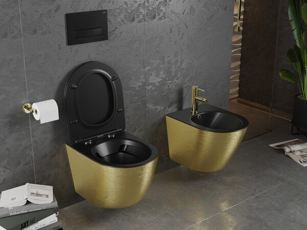 Mexen Lena, függő wc csésze 480x360x355 mm, lassan süllyedő ülőfelülettel, fekete matt - arany mintás, 30224077