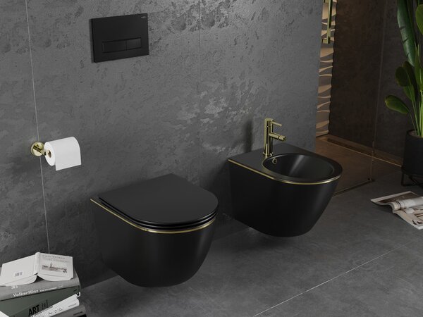 Mexen Lena, függő wc csésze 480x360x355 mm, lassan süllyedő ülőfelülettel, matt fekete - arany él, 30224075