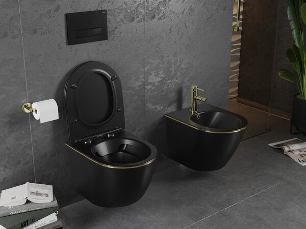 Mexen Lena, függő wc csésze 480x360x355 mm, lassan süllyedő ülőfelülettel, matt fekete - arany él, 30224075