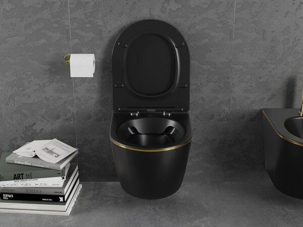 Mexen Lena, függő wc csésze 480x360x355 mm, lassan süllyedő ülőfelülettel, matt fekete - arany él, 30224075