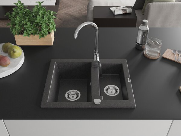 Mexen Carlos, gránit mosogató 582x475x177 mm, 1,5 kamrás, fekete foltos, 6518581500-76