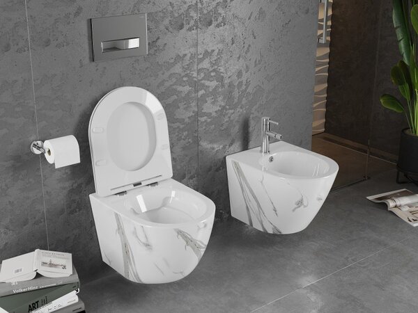 Mexen Lena, Perem nélküli fali WC csésze duroplasztikus ülőkével, lassan záródó, márvány-fehér kőutánzattal, 30224094