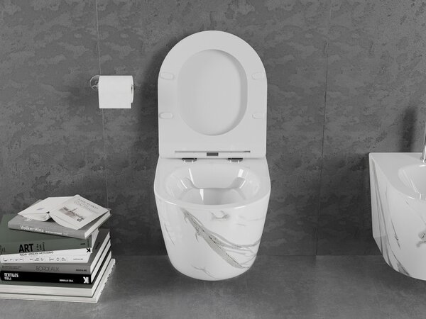 Mexen Lena, Perem nélküli fali WC csésze duroplasztikus ülőkével, lassan záródó, márvány-fehér kőutánzattal, 30224094