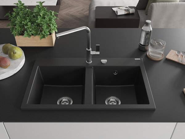 Mexen Hektor, 2 kamrás gránit mosogató 800x480x205 mm, fekete, króm szifon, 6521802000-77