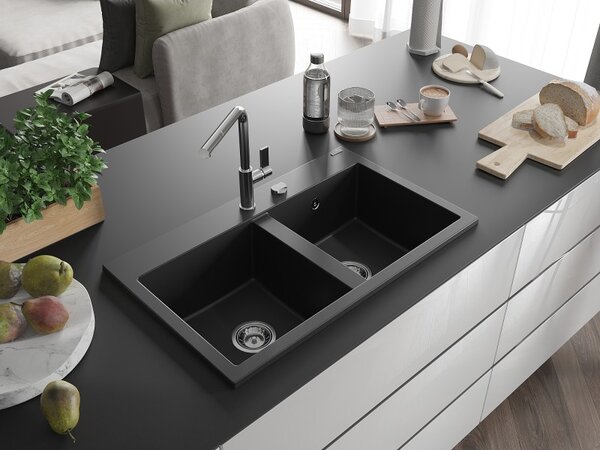 Mexen Hektor, 2 kamrás gránit mosogató 800x480x205 mm, fekete, króm szifon, 6521802000-77