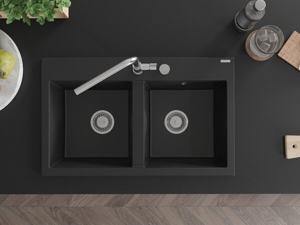 Mexen Hektor, 2 kamrás gránit mosogató 800x480x205 mm, fekete, króm szifon, 6521802000-77