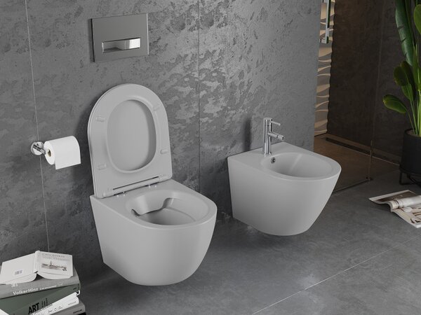 Mexen Lena Rimless WC csésze WC lappal vékony, hőre keményedő, matt világosszürke, 30224061