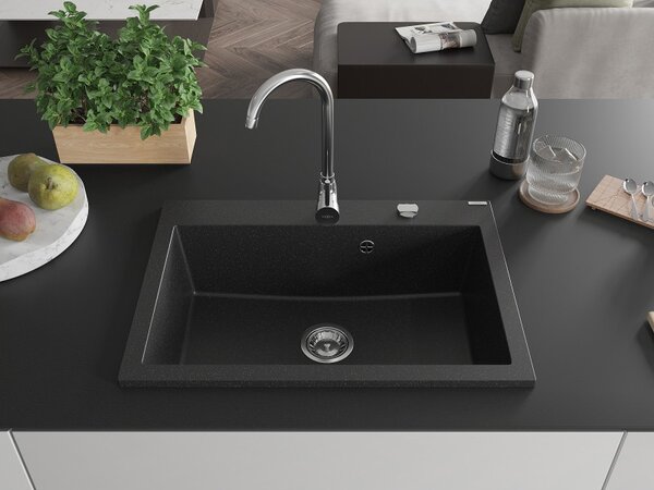 Mexen Elix, 1 tálos gránit mosogató 700 x 500 mm, fekete/ezüst metál, króm szifon, 6526701005-73