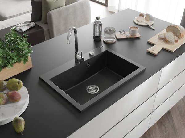 Mexen Elix, 1 tálos gránit mosogató 700 x 500 mm, fekete/ezüst metál, króm szifon, 6526701005-73