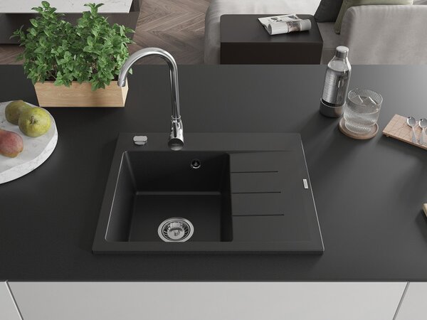 Mexen Ben, 1 kamrás gránit mosogató 600x500x190 mm, bal + króm szifon, fekete, 6522605000-77