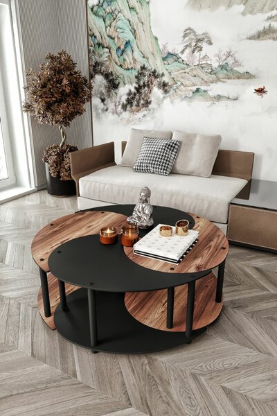 Hanah Home Dohányzóasztal Szett Diófa Fekete Yi Yang4L 70 - Diófa, Fekete