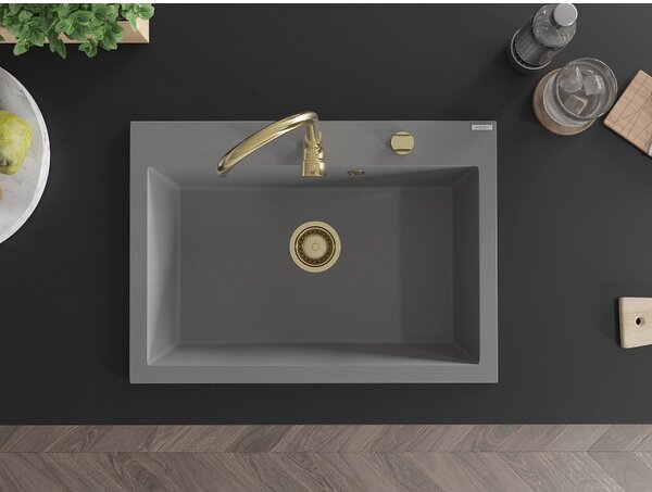 Mexen Elix, 1 tálos gránit mosogató 700 x 500 mm, szürke, arany szifon, 6526701005-71-G