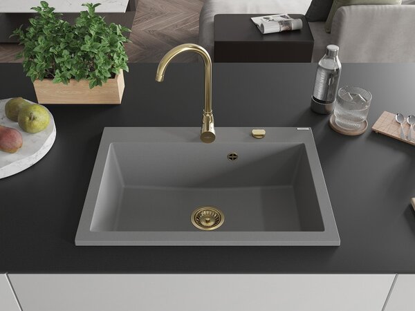 Mexen Elix, 1 tálos gránit mosogató 700 x 500 mm, szürke, arany szifon, 6526701005-71-G