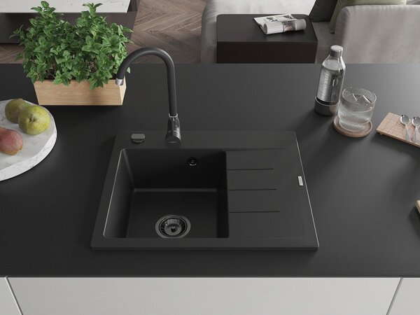 Mexen Ben, 1 kamrás gránit mosogató 600x500x190 mm, bal + fekete szifon, fekete, 6522605000-77-B