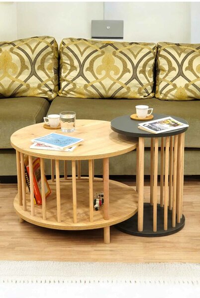Hanah Home Dohányzóasztal Szett Sapphire Oak Anthracite Peka-Set108 - Sapphire Oak, Anthracite