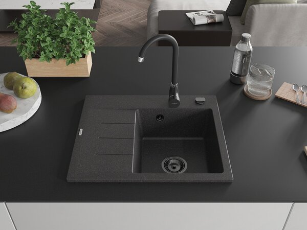 Mexen Ben, 1 kamrás gránit mosogató 600x500x190 mm, jobb + fekete szifon, fekete foltos, 6523605000-76-B