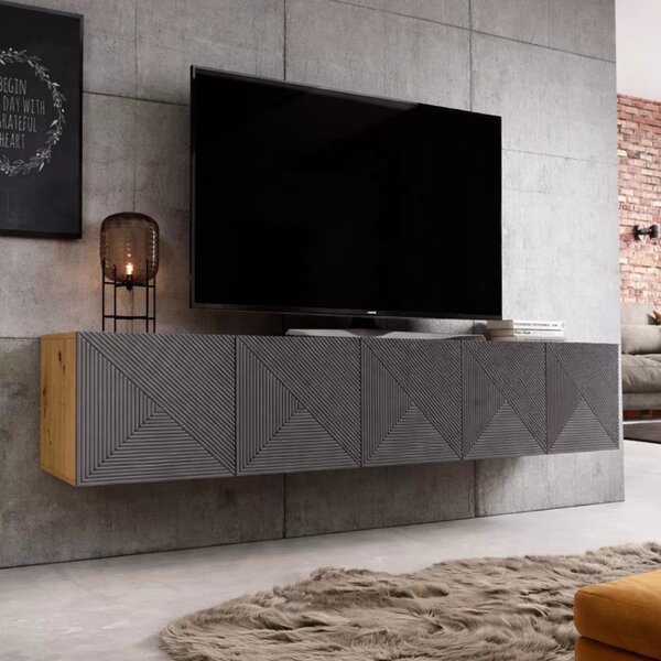 Asha falra szerelhető TV szekrény 200 cm, bordázott előlap - artisan / rivier stone matt