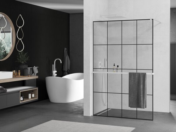 Mexen Kioto+, Walk-In zuhanyparaván polccal és akasztóval 130 x 200 cm, 8 mm átlátszó üveg fekete mintás, fehér profil, 800-130-121-20-77