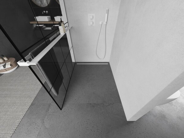 Mexen Kioto+, Walk-In zuhanyparaván polccal és akasztóval 130 x 200 cm, 8 mm átlátszó üveg fekete mintás, fehér profil, 800-130-121-20-77