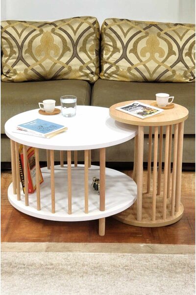Hanah Home Dohányzóasztal Szett Fehér Zafír Tölgy Peka-Set108 - Fehér, Zafír Tölgy