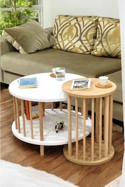 Hanah Home Dohányzóasztal Szett Fehér Zafír Tölgy Peka-Set108 - Fehér, Zafír Tölgy