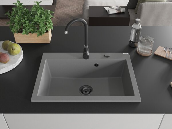 Mexen Elix, 1 tálos gránit mosogató 700 x 500 mm, szürke, fekete szifon, 6526701005-71-B