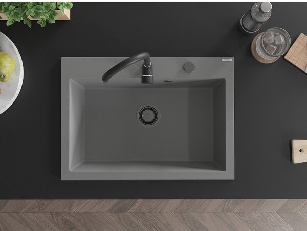 Mexen Elix, 1 tálos gránit mosogató 700 x 500 mm, szürke, fekete szifon, 6526701005-71-B