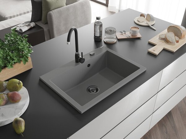 Mexen Elix, 1 tálos gránit mosogató 700 x 500 mm, szürke, fekete szifon, 6526701005-71-B