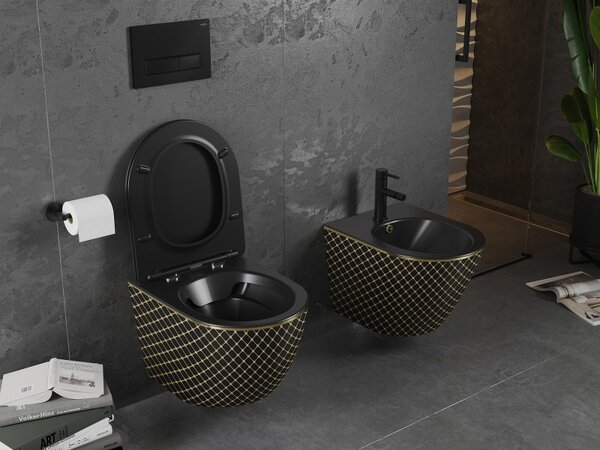 Mexen Lena, függő wc csésze 480x360x355 mm, lassan süllyedő ülőfelülettel, fekete matt - arany mintás, 30224079
