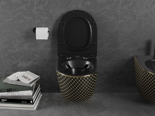 Mexen Lena, függő wc csésze 480x360x355 mm, lassan süllyedő ülőfelülettel, fekete matt - arany mintás, 30224079