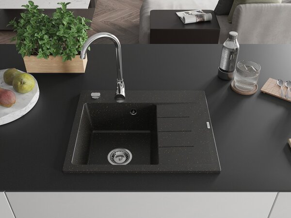 Mexen Ben, 1 kamrás gránit mosogató 600x500x190 mm, bal + króm szifon, fekete-arany metál, 6522605000-75