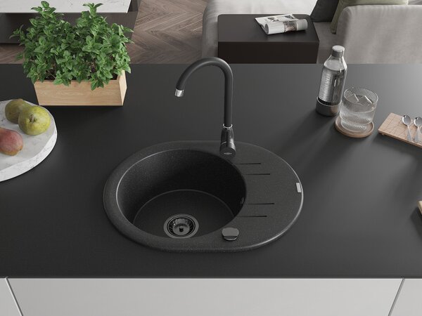 Mexen Kevin, gránit mosogató 586x458x190 mm, 1 kamrás, fekete-ezüst metál fekete szifonnal, 6517581005-73-B