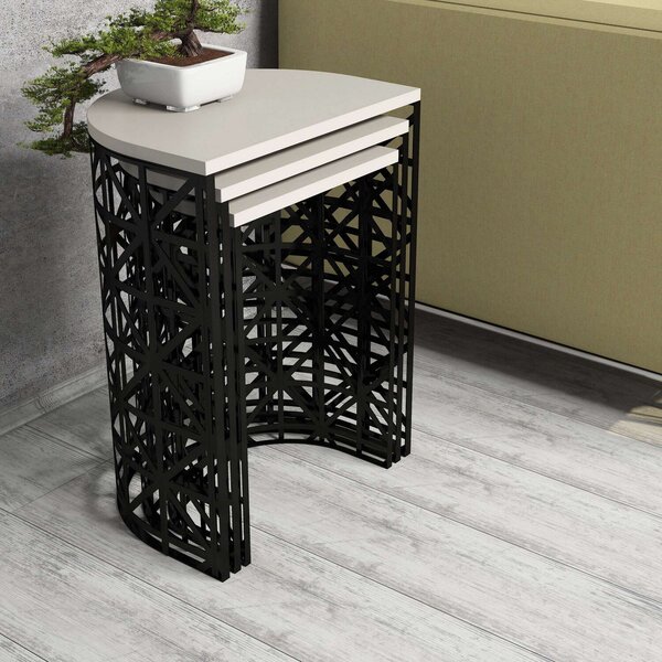 Hanah Home Egymásba tolható Asztal Szett (3 Darab) Krém Fekete Stil Metal Ferforje - Krém