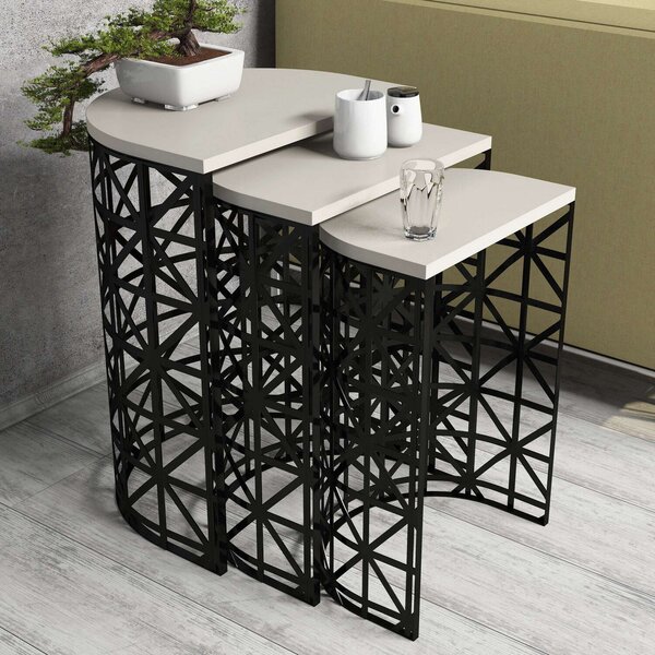 Hanah Home Egymásba tolható Asztal Szett (3 Darab) Krém Fekete Stil Metal Ferforje - Krém