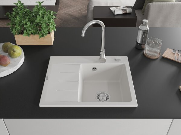 Mexen Ben, 1 kamrás gránit mosogató 600x500x190 mm, jobb + króm szifon, fehér, 6523605000-20