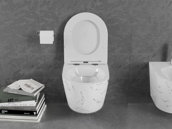 Mexen Lena, Perem nélküli fali WC csésze duroplasztikus ülőkével, lassan záródó, márvány-fehér kőutánzattal, 30224093