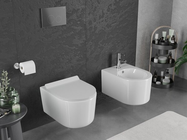 Mexen Sofia, falra akasztható wc csésze 490x360x355 mm, Perem nélküli Tornado + duroplast wc ülőke, fényes fehér, 30540100T